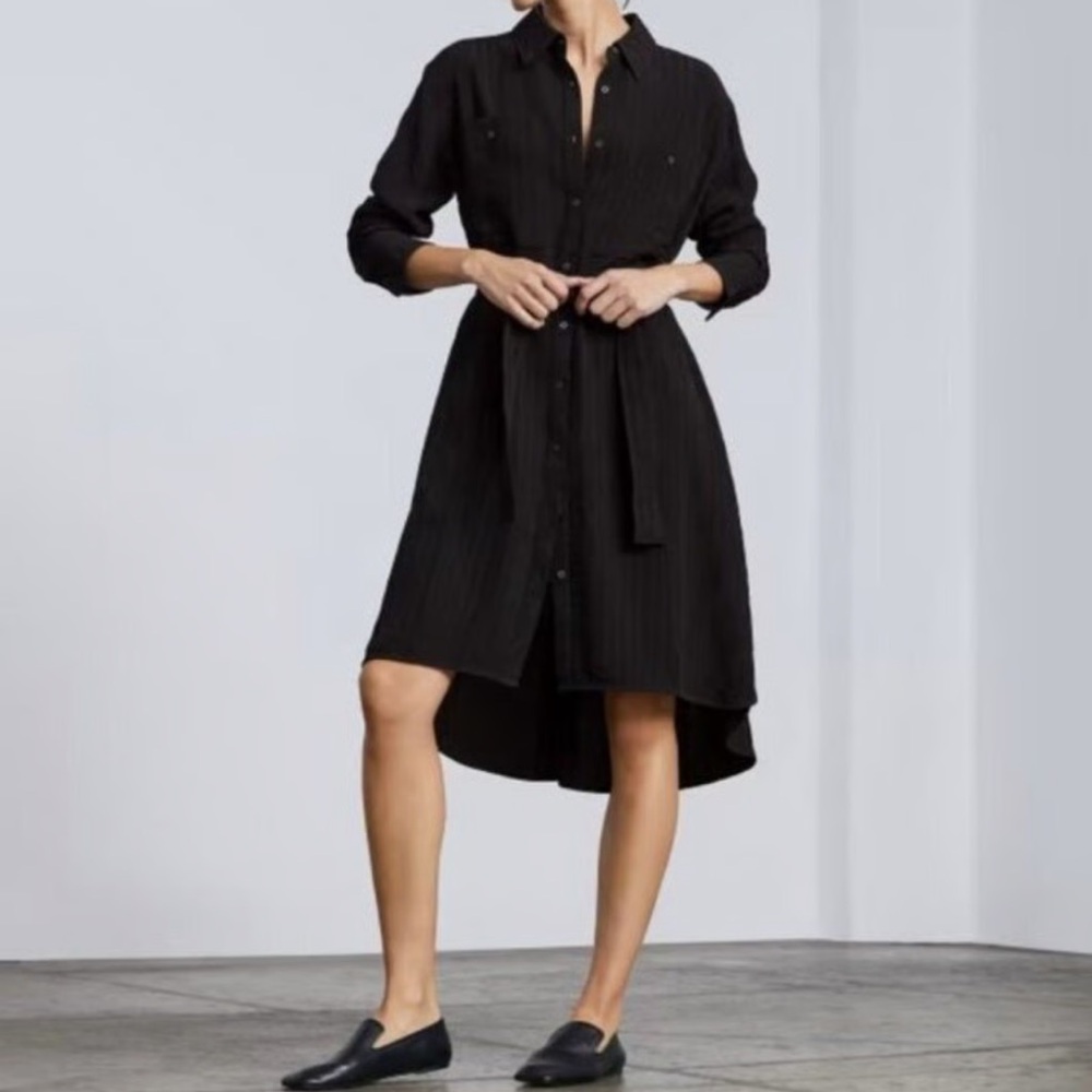 Everlane The City Stripe Draped high low Shirt Dress in black